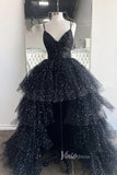 Black Layered Ruffle High Low Prom Dresses Spaghetti Strap Evening Gown FD3052-prom dresses-Viniodress-Viniodress