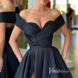 Black Off the Shoulder Prom Dresses With Slit Pleated Evening Dress FD2947-prom dresses-Viniodress-Viniodress