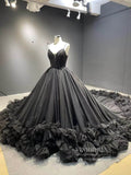 Black Ruffle Ball Gown Wedding Dresses Spaghetti Strap V-neck 222197-Quinceanera Dresses-Viniodress-Viniodress