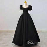 Black Satin Prom Dresses Puffed Sleeve Formal Gown FD3244-prom dresses-Viniodress-Viniodress