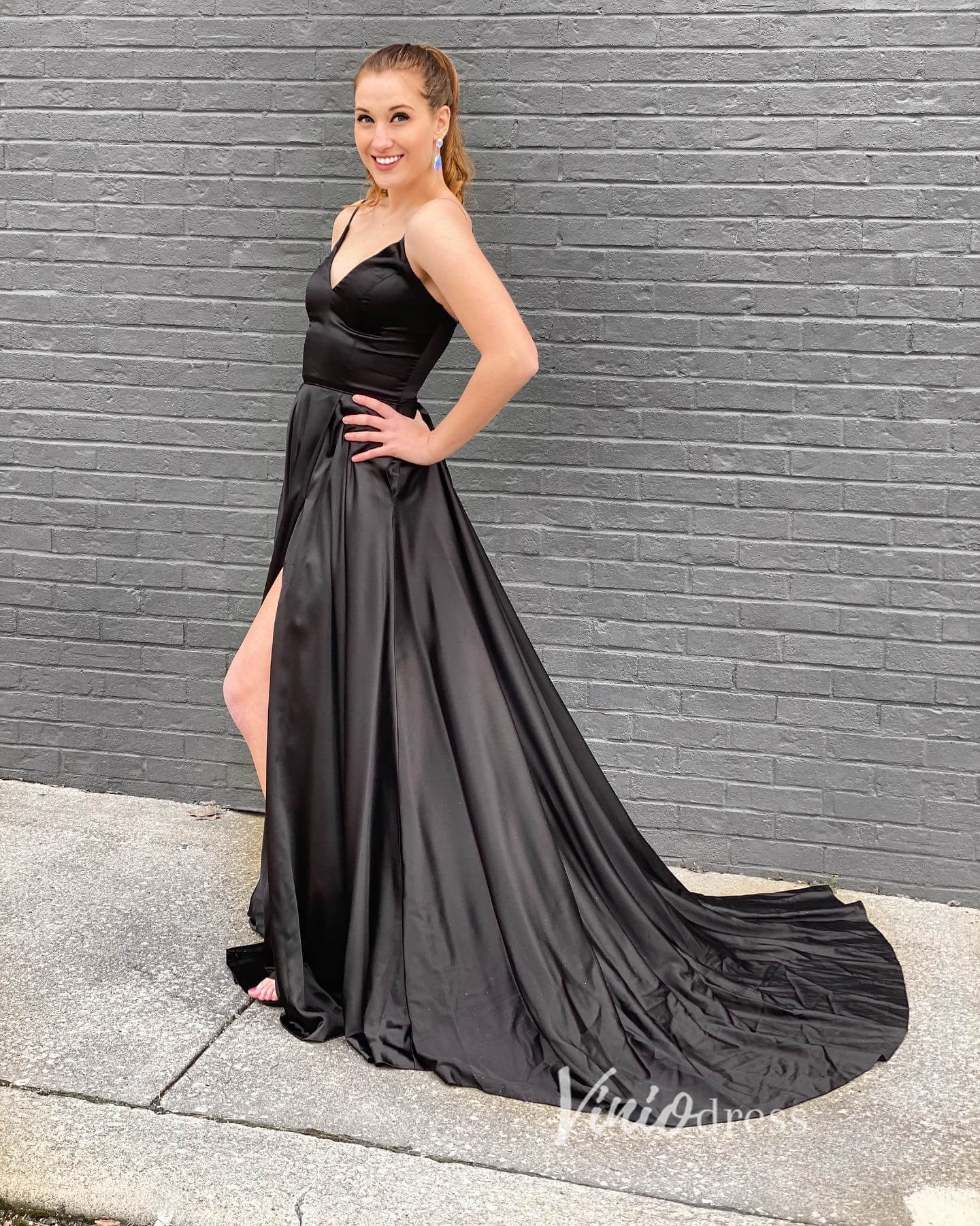 Black Satin Prom Dresses With Slit Spaghetti Strap Evening Dress FD3338-prom dresses-Viniodress-Black-Custom Size-Viniodress