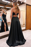 Black Sequin Bodice Satin Bottom Prom Dress with Plunging V-Neck, High Slit, and Pockets FD3461-prom dresses-Viniodress-Viniodress