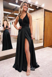 Black Sequin Bodice Satin Bottom Prom Dress with Plunging V-Neck, High Slit, and Pockets FD3461-prom dresses-Viniodress-Viniodress