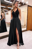Black Sequin Bodice Satin Bottom Prom Dress with Plunging V-Neck, High Slit, and Pockets FD3461