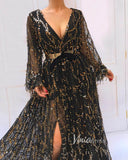 Black Sequin Prom Dresses Long Sleeve FD2781-prom dresses-Viniodress-Viniodress