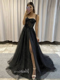 Black Spaghetti Strap Prom Dresses With Slit Sparkly Tulle Evening Dress FD3105