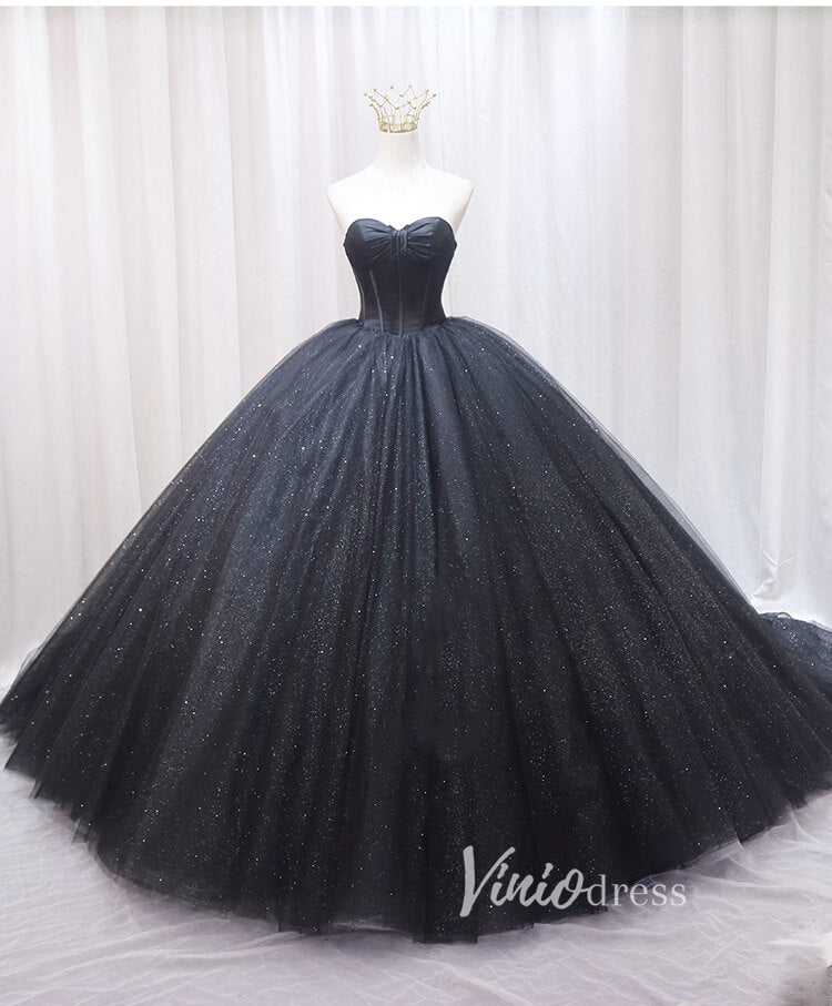 Black Sparkly Tulle Quinceanera Dresses Strapless Prom Ball Gown FD3405-prom dresses-Viniodress-Black-Custom Size-Viniodress