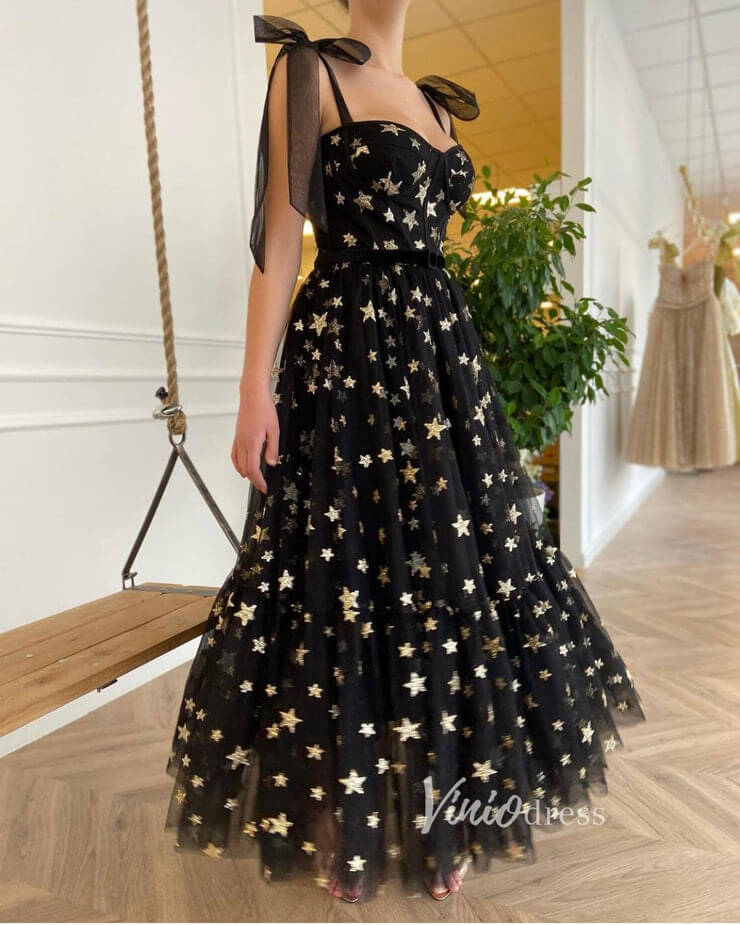 Black Starry Tulle Prom Dresses Spaghetti Strap FD2778-prom dresses-Viniodress-Black-Custom Size-Viniodress