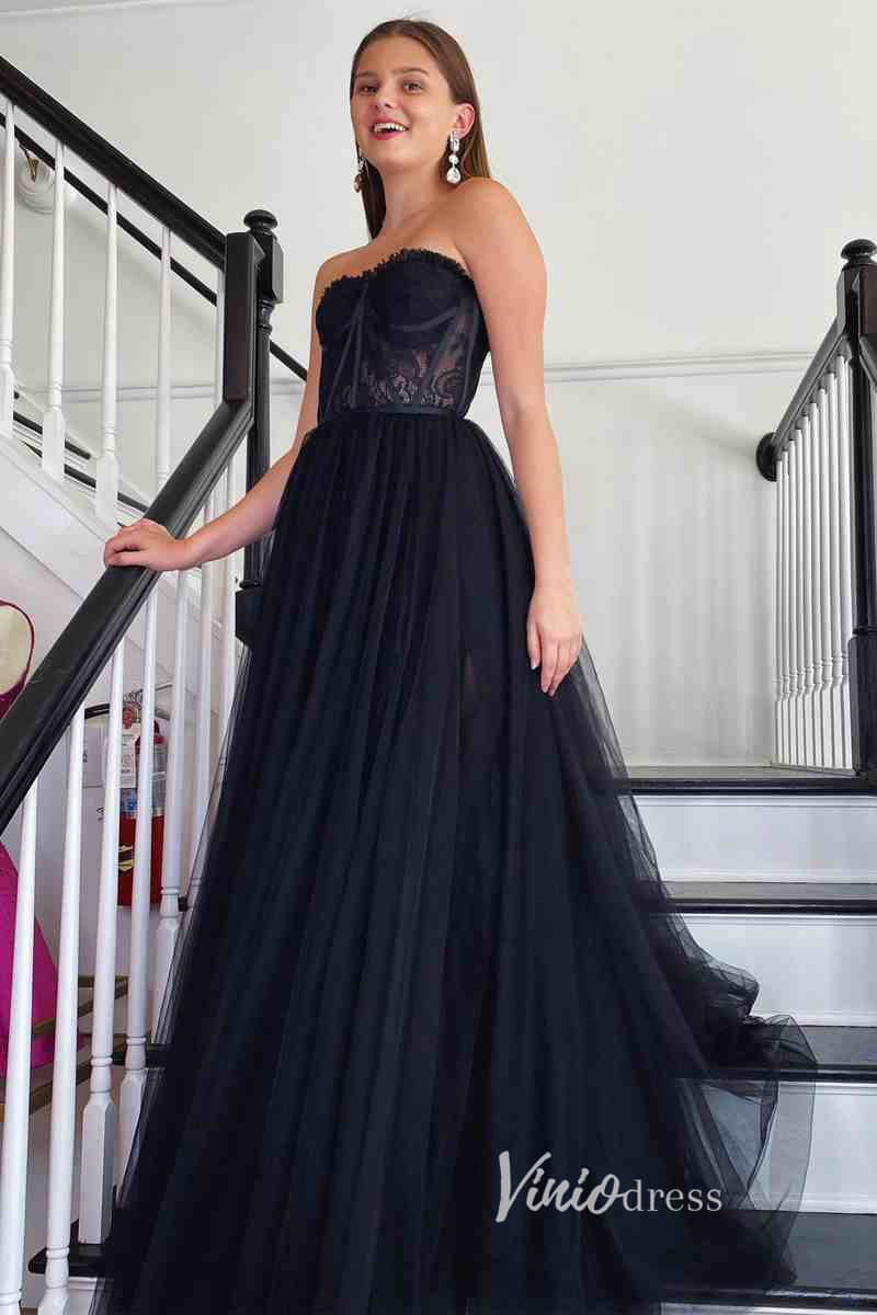 Black Tulle Prom Dresses Strapless Boned Formal Gown FD3269-prom dresses-Viniodress-Black-Custom Size-Viniodress