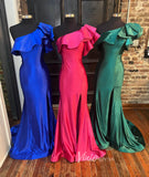 Blue Mermaid Prom Dresses With Slit One Shoulder Evening Dress FD3126