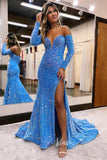 Blue Mermaid Sequin Prom Dress with Long Sleeve, Slit, and Sweetheart Neck FD3459