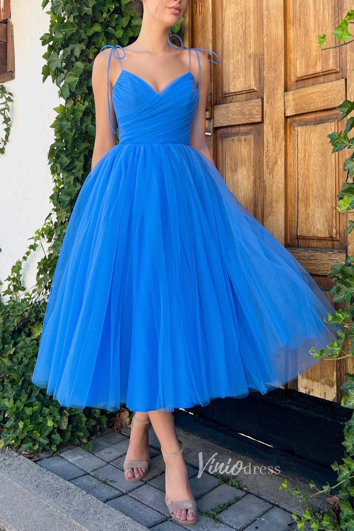 Blue Midi Length Prom Dresses Spaghetti Strap Evening Dresses FD2986-prom dresses-Viniodress-Blue-Custom Size-Viniodress