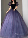 Blue Puffed Sleeve Prom Dresses Sparkly Tulle Evening Dress FD3170-prom dresses-Viniodress-Viniodress