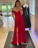 Blue Satin Prom Dresses with Slit Off the Shoulder Evening Dress FD3378-prom dresses-Viniodress-Red-Custom Size-Viniodress