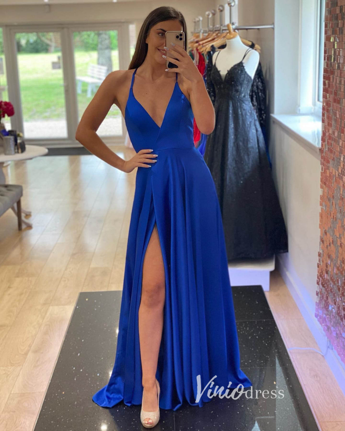 Blue Satin Prom Dresses with Slit Spaghetti Strap Evening Dress FD3352-prom dresses-Viniodress-Blue-Custom Size-Viniodress