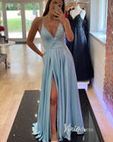 Blue Satin Prom Dresses with Slit Spaghetti Strap Evening Dress FD3352-prom dresses-Viniodress-Light Blue-Custom Size-Viniodress