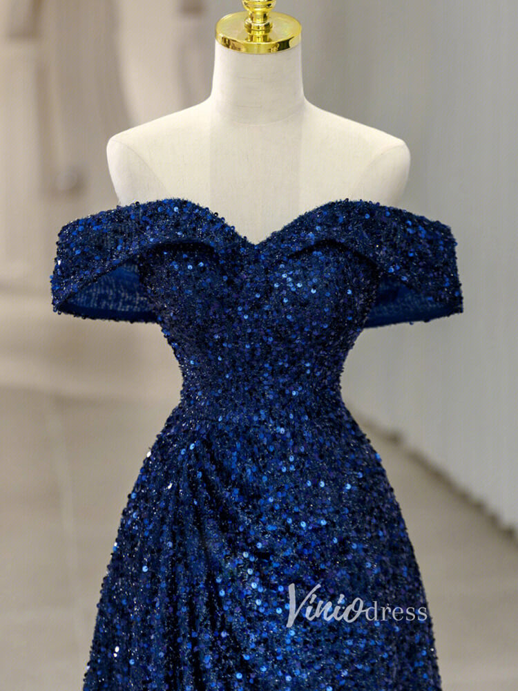 Blue Sequin Prom Dresses Off the Shoulder Evening Gown FD3406-prom dresses-Viniodress-Viniodress