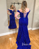 Blue Sequin Prom Dresses with Slit Off the Shoulder Evening Dress FD3362