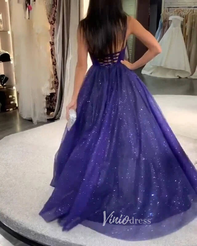 Blue Spaghetti Strap Prom Dresses Sparkly Tulle Evening Dress FD3058-prom dresses-Viniodress-Viniodress