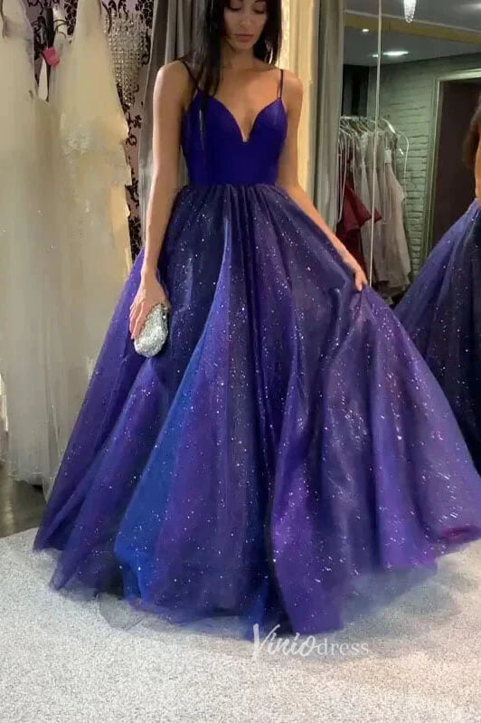 Blue Spaghetti Strap Prom Dresses Sparkly Tulle Evening Dress FD3058-prom dresses-Viniodress-Blue-Custom Size-Viniodress