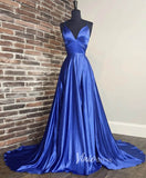 Blue Spaghetti Strap Prom Dresses V-Neck Evening Dress FD3208