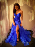 Blue Spaghetti Strap Prom Dresses With High Slit Pleated Evening Dress FD2944