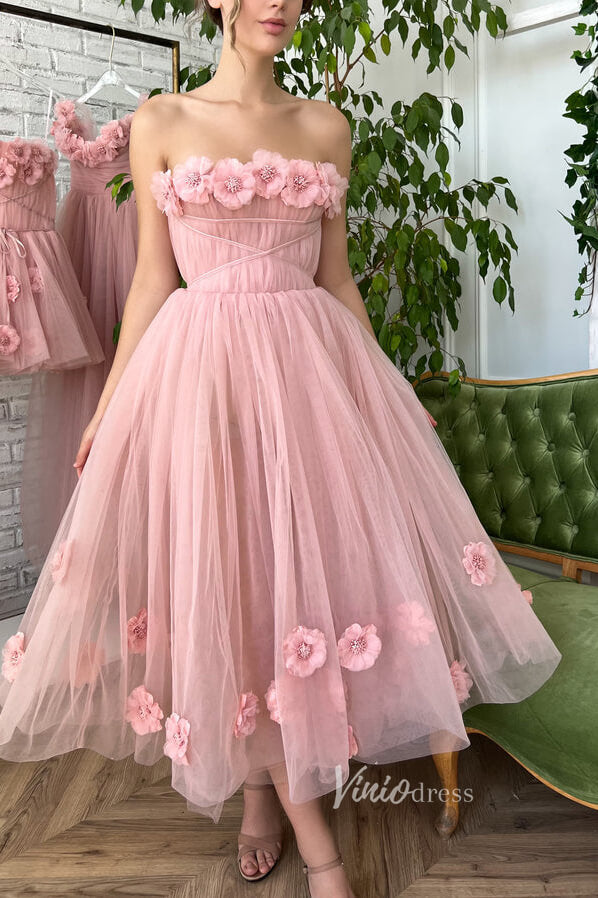 Blush 3D Flower Prom Dresses Strapless Mid Length Hoco Dress FD2979-prom dresses-Viniodress-Viniodress