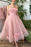 Blush 3D Flower Prom Dresses Strapless Mid Length Hoco Dress FD2979-prom dresses-Viniodress-Viniodress