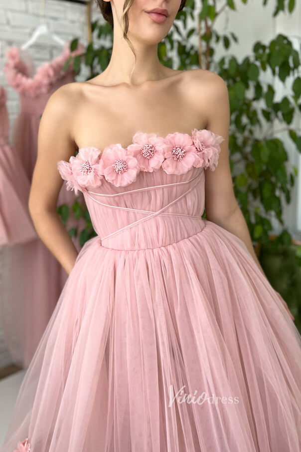Blush 3D Flower Prom Dresses Strapless Mid Length Hoco Dress FD2979-prom dresses-Viniodress-Viniodress