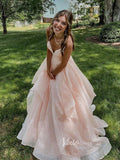 Blush Layered Ruffle Prom Dresses Sparkly Tulle Spaghetti Strap Evening Dress FD2954-prom dresses-Viniodress-Viniodress