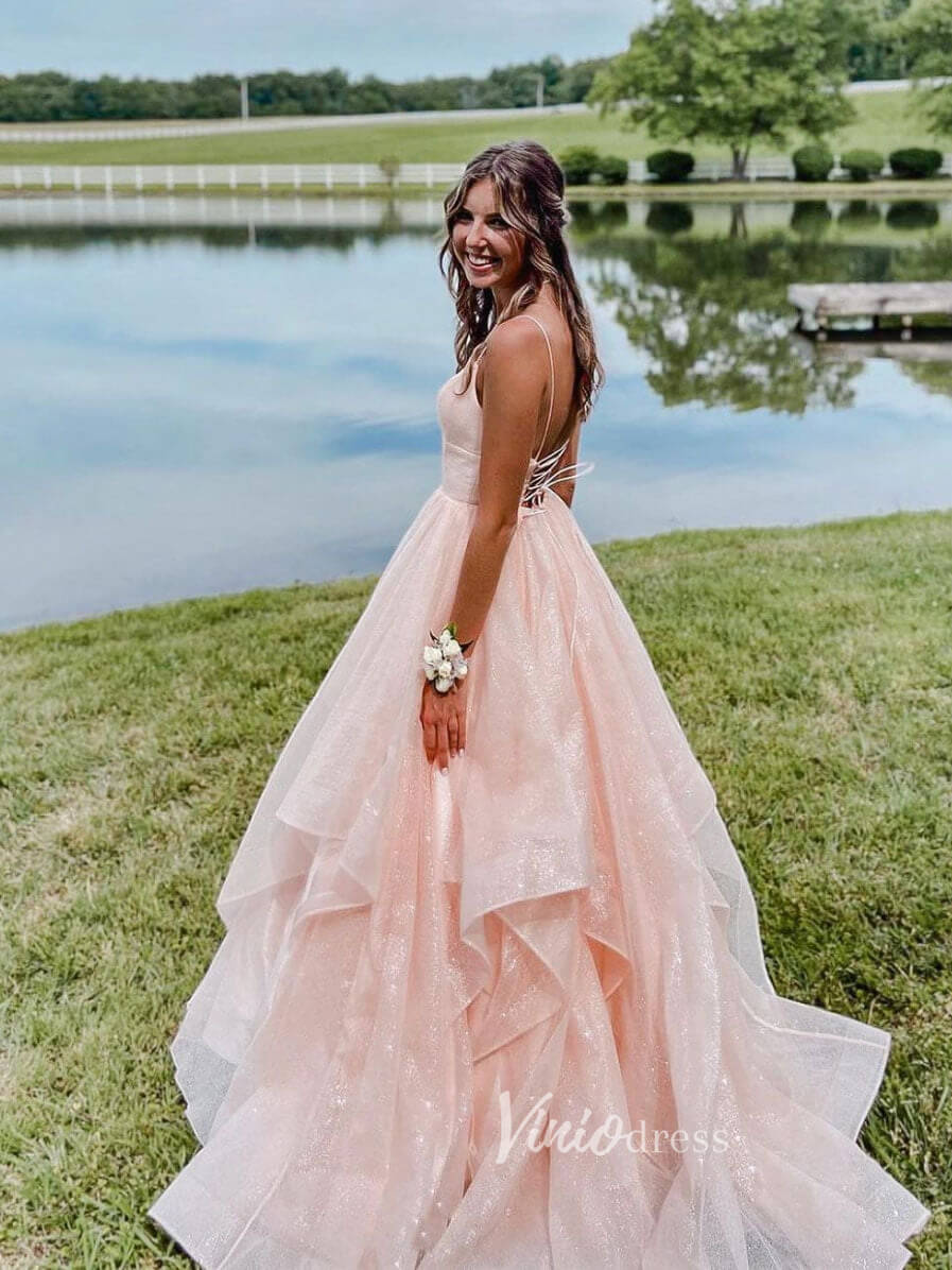 Blush Layered Ruffle Prom Dresses Sparkly Tulle Spaghetti Strap Evening Dress FD2954-prom dresses-Viniodress-Blush Pink-Custom Size-Viniodress