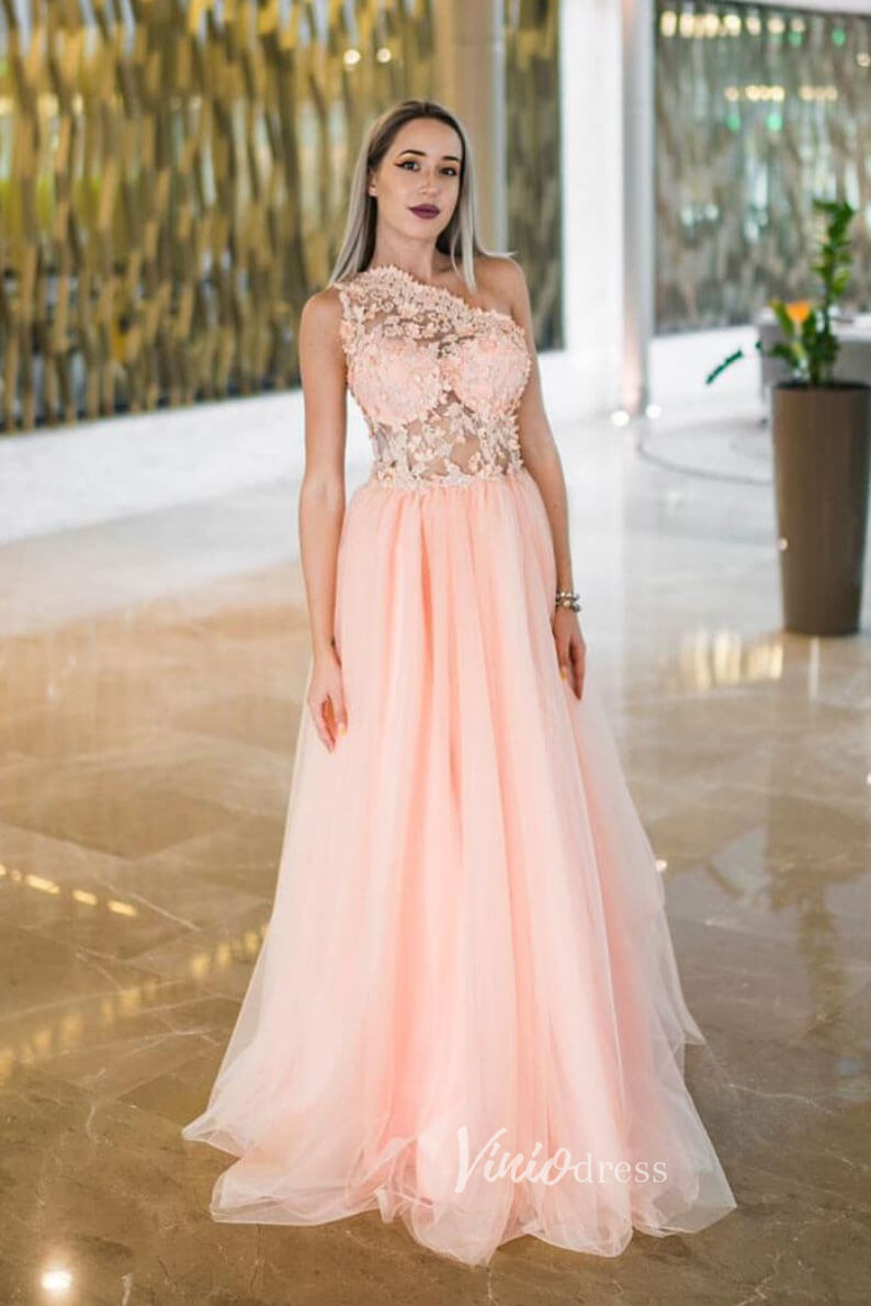 Blush Pink Lace Applique Prom Dresses One Shoulder Evening Dress FD3055-prom dresses-Viniodress-Blush Pink-Custom Size-Viniodress