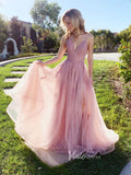 Blush Pink Lace Applique Prom Dresses With Slit Spaghetti Strap Evening Dress FD3206