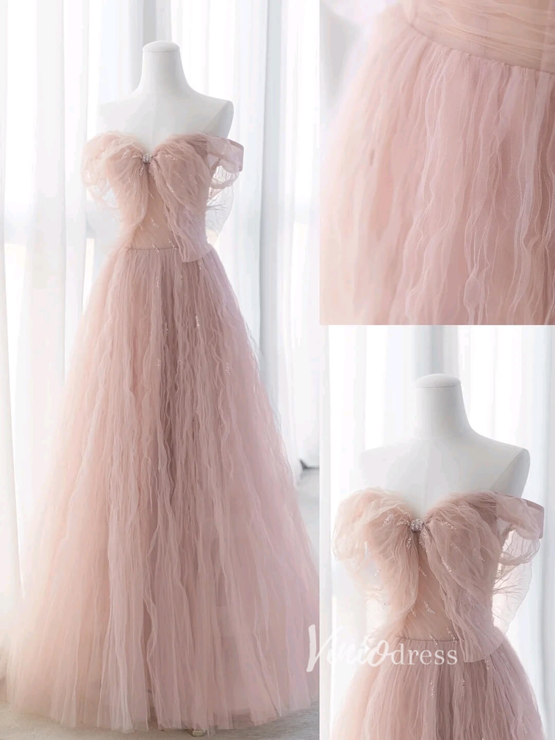 Blush Pink Ruffled Tulle Prom Dresses Off the Shoulder Formal Gown FD3413-prom dresses-Viniodress-Viniodress