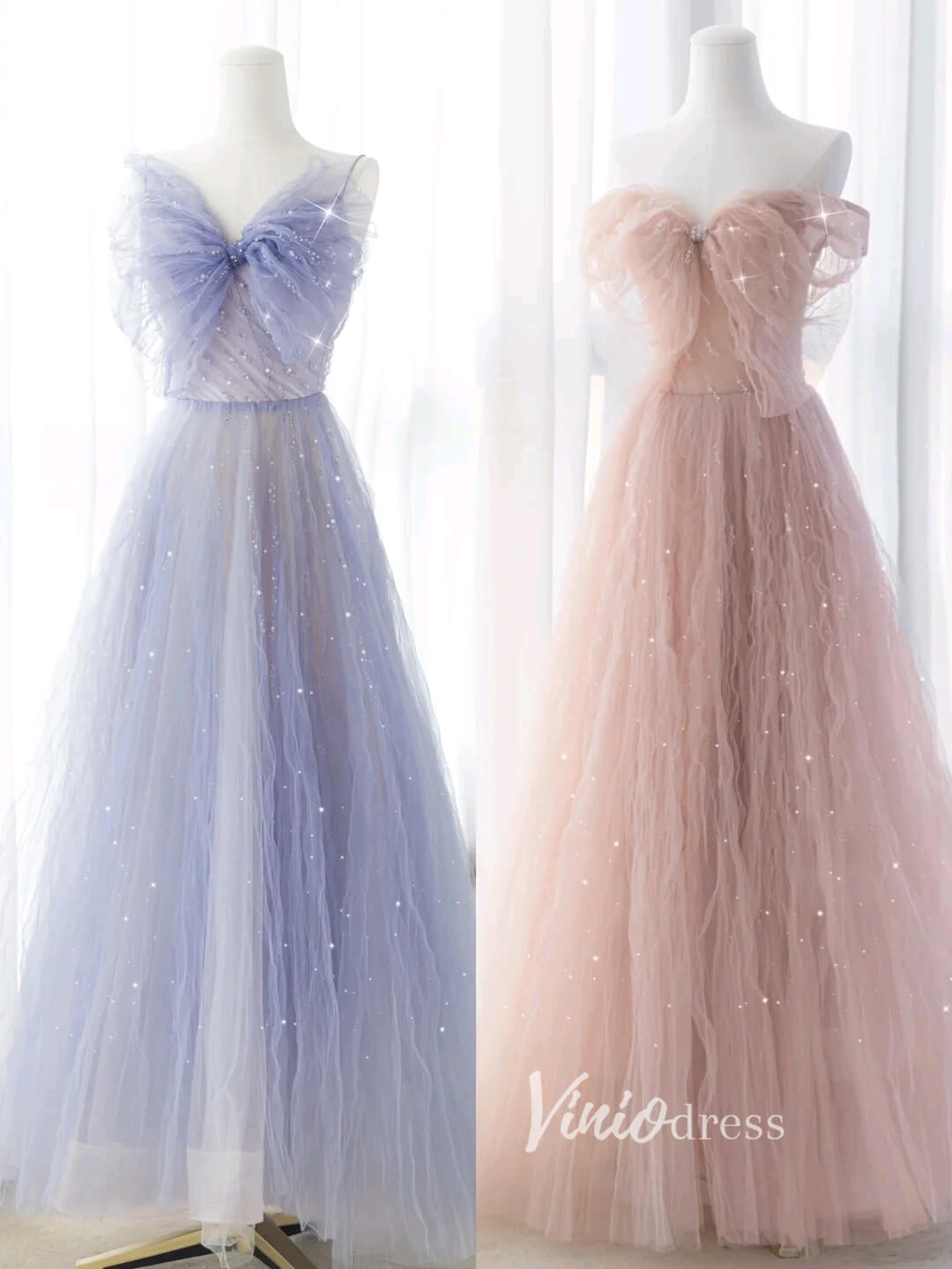 Blush Pink Ruffled Tulle Prom Dresses Off the Shoulder Formal Gown FD3413-prom dresses-Viniodress-Viniodress