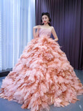 Blush Pink Ruffled Wedding Dress Vintage Strapless Ball Gown 67463