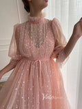 Blush Pink Starry Tulle Prom Dresses High Neck Evening Dress FD3096-prom dresses-Viniodress-Viniodress