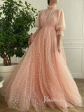 Blush Pink Starry Tulle Prom Dresses High Neck Evening Dress FD3096