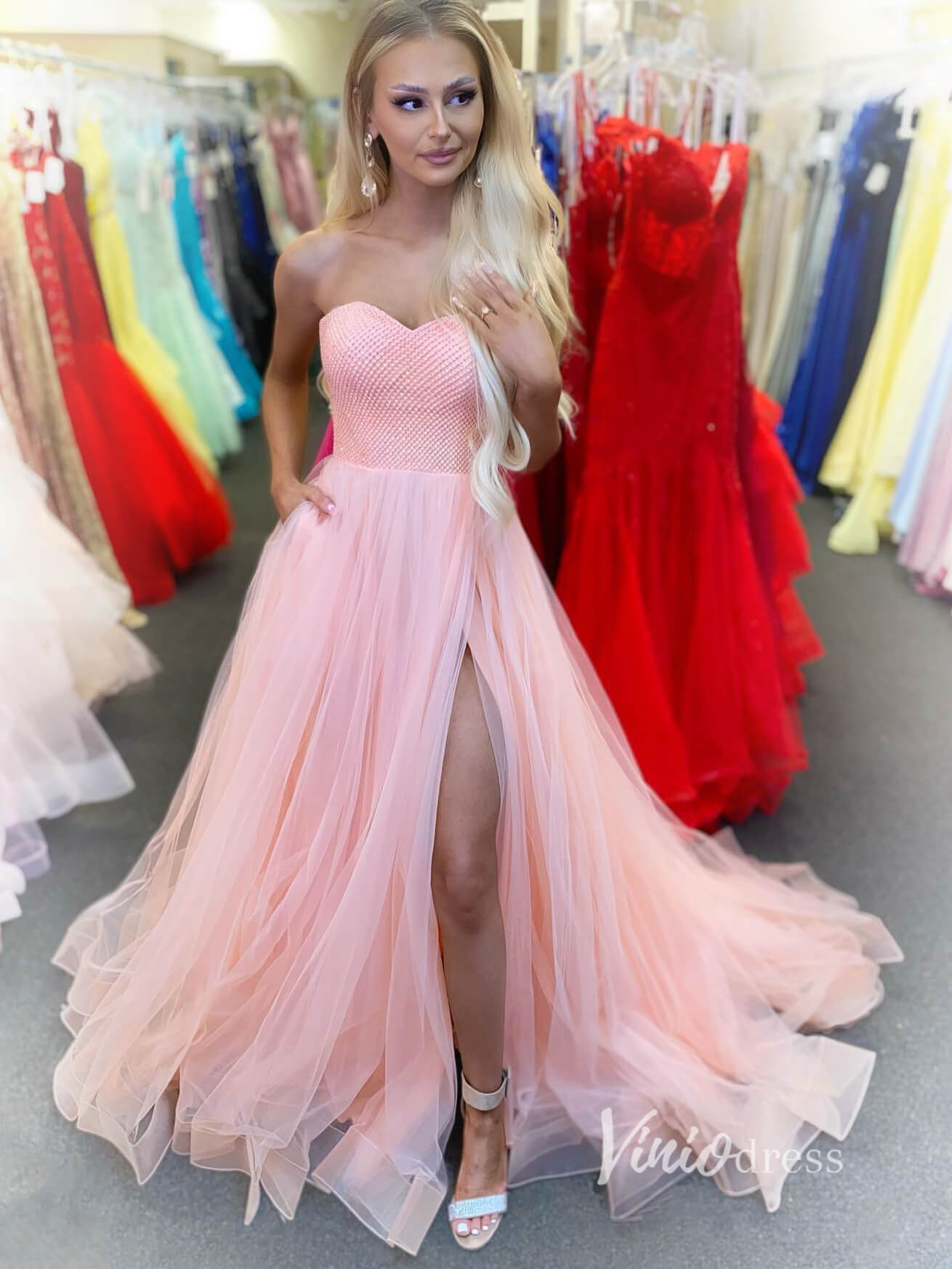 Blush Pink Sweetheart Neck Prom Dresses With Pockets Strapless Evening Dress FD2945-prom dresses-Viniodress-Blush Pink-Custom Size-Viniodress