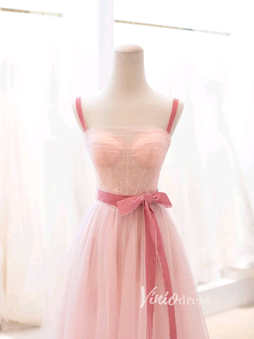 Blush Pink Tulle Prom Dresses Mid-Length Spaghetti Strap Evening Dress FD3430-prom dresses-Viniodress-Viniodress