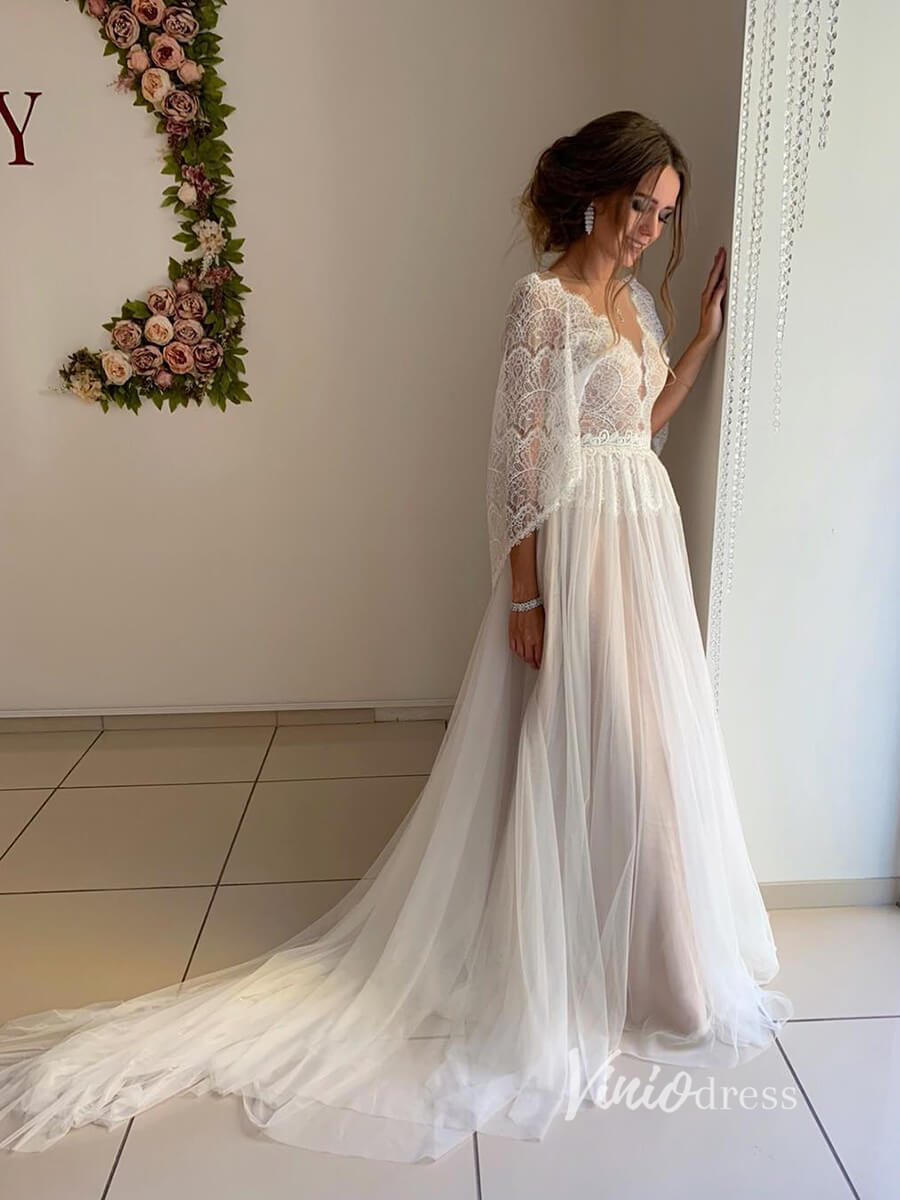 Bohemian Lace Wedding Dress | Batwing Sleeve A-Line Tulle Gown with Illusion Back & Court Train VW2103-wedding dresses 2025 -Viniodress-Champagne-Custom Size-