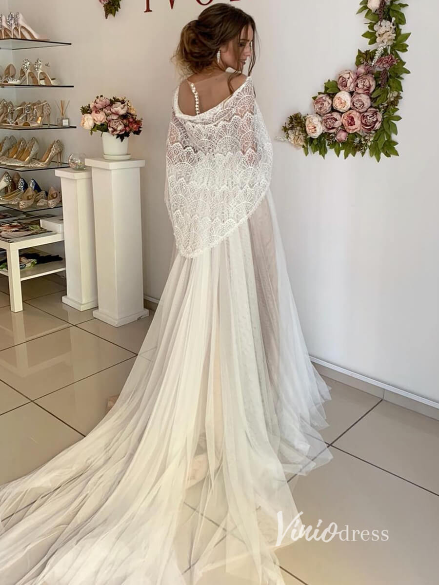 Bohemian Lace Wedding Dress | Batwing Sleeve A-Line Tulle Gown with Illusion Back & Court Train VW2103-wedding dresses 2025 -Viniodress-Champagne-Custom Size-