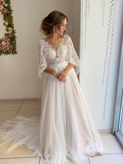 Bohemian Lace Wedding Dress | Batwing Sleeve A-Line Tulle Gown with Illusion Back & Court Train VW2103-wedding dresses 2025 -Viniodress-Champagne-Custom Size-