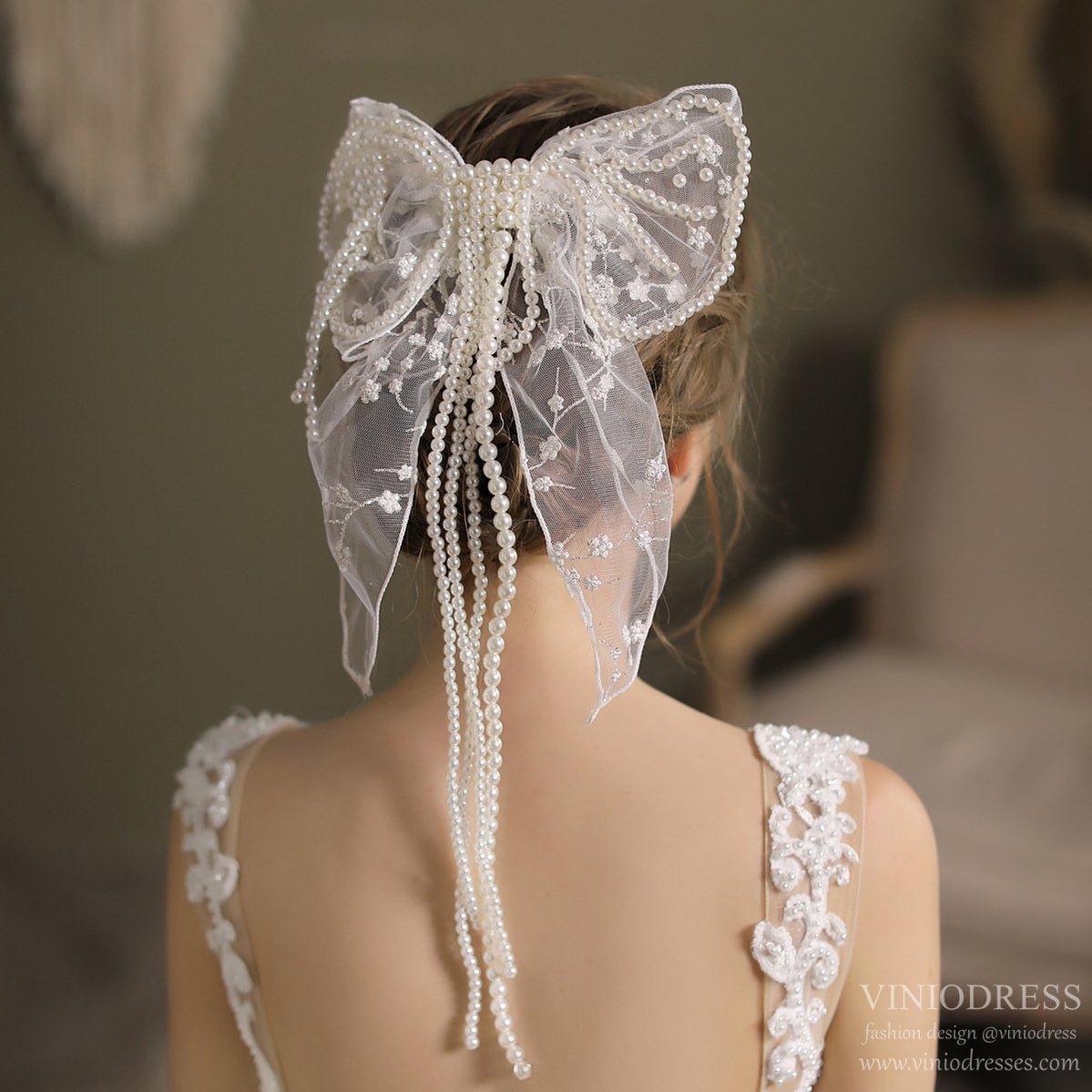 Bridal Hair Clip Bow-Tie Pearl Headpieces-Accessories 2025 -Viniodress-Ivory-