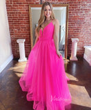Bright Fuchsia Pink Tulle Prom Dresses Spaghetti Strap FD2544D