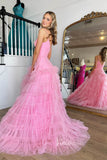 Bright Pink Ruffle Prom Dresses Tiered Ball Gown with Slit FD3509-prom dresses-Viniodress-Viniodress