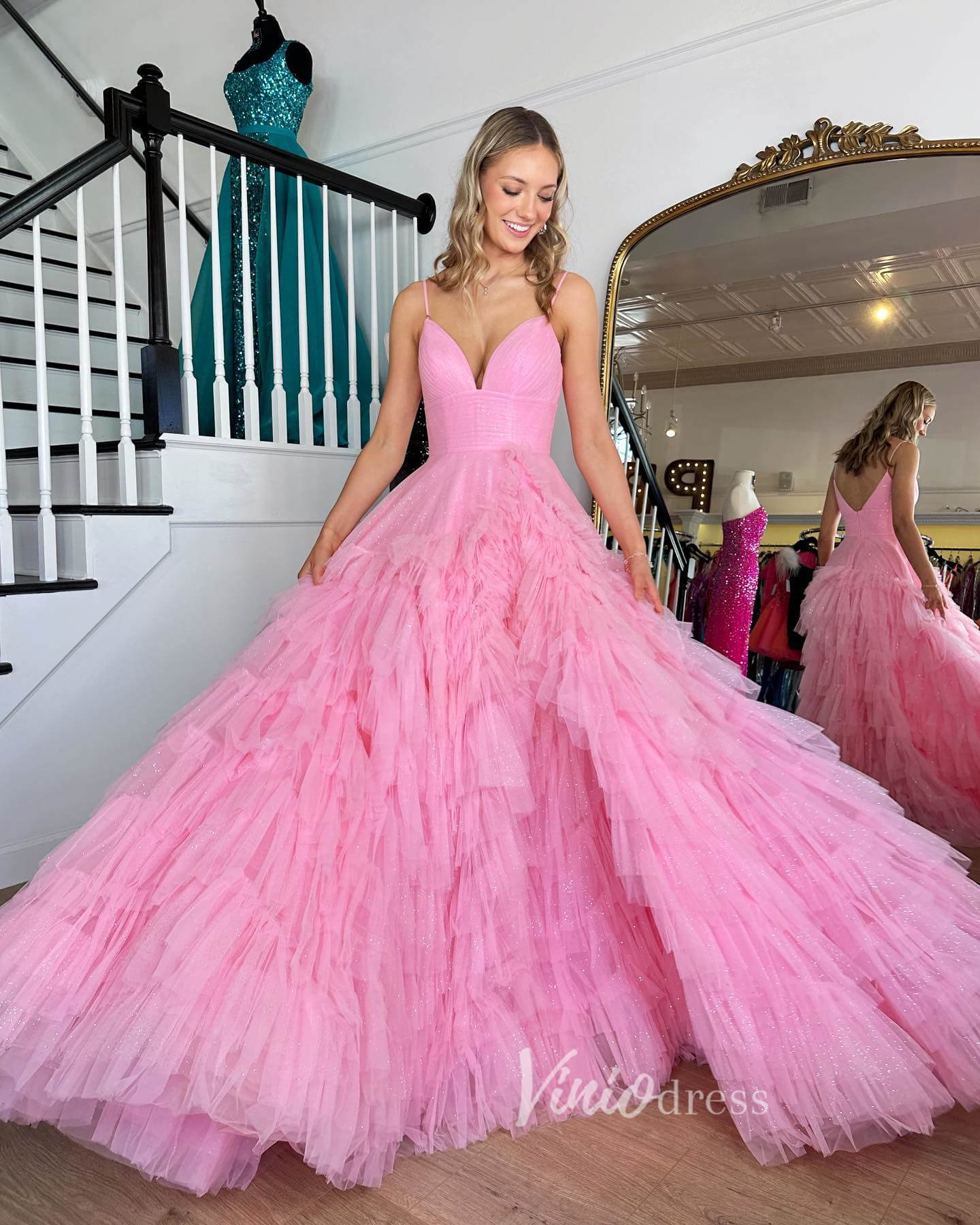 Bright Pink Ruffle Prom Dresses Tiered Ball Gown with Slit FD3509-prom dresses-Viniodress-Viniodress