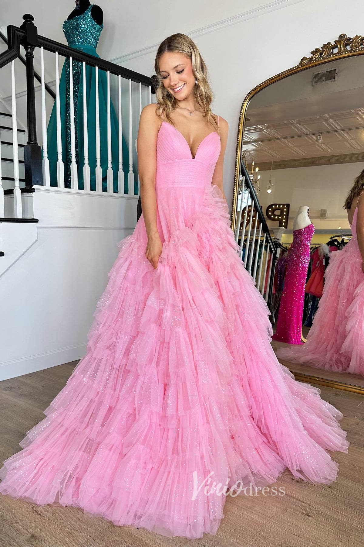 Bright Pink Ruffle Prom Dresses Tiered Ball Gown with Slit FD3509-prom dresses-Viniodress-Pink-Custom Size-Viniodress