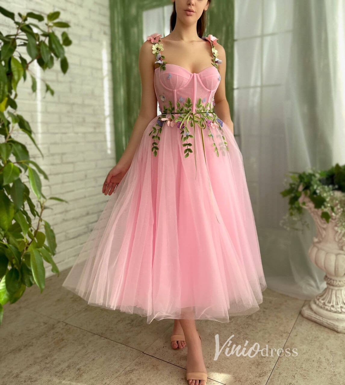 Viniodress Bright Pink Tulle Prom Dress with Pockets Green Leaves Maxi Dress SD1439 Pink / US4