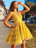 Bright Yellow 3D Flower Lace Homecoming Dresses Short Prom Dress SD1430-homecoming dresses-Viniodress-Viniodress